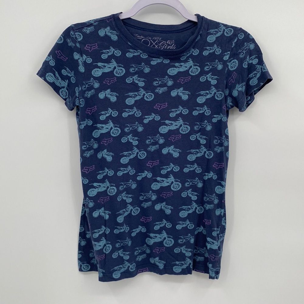 Fox Girls Cotton Bike Print Crew Neck Short Sleeve Pullover T-Shirt Blue Medium